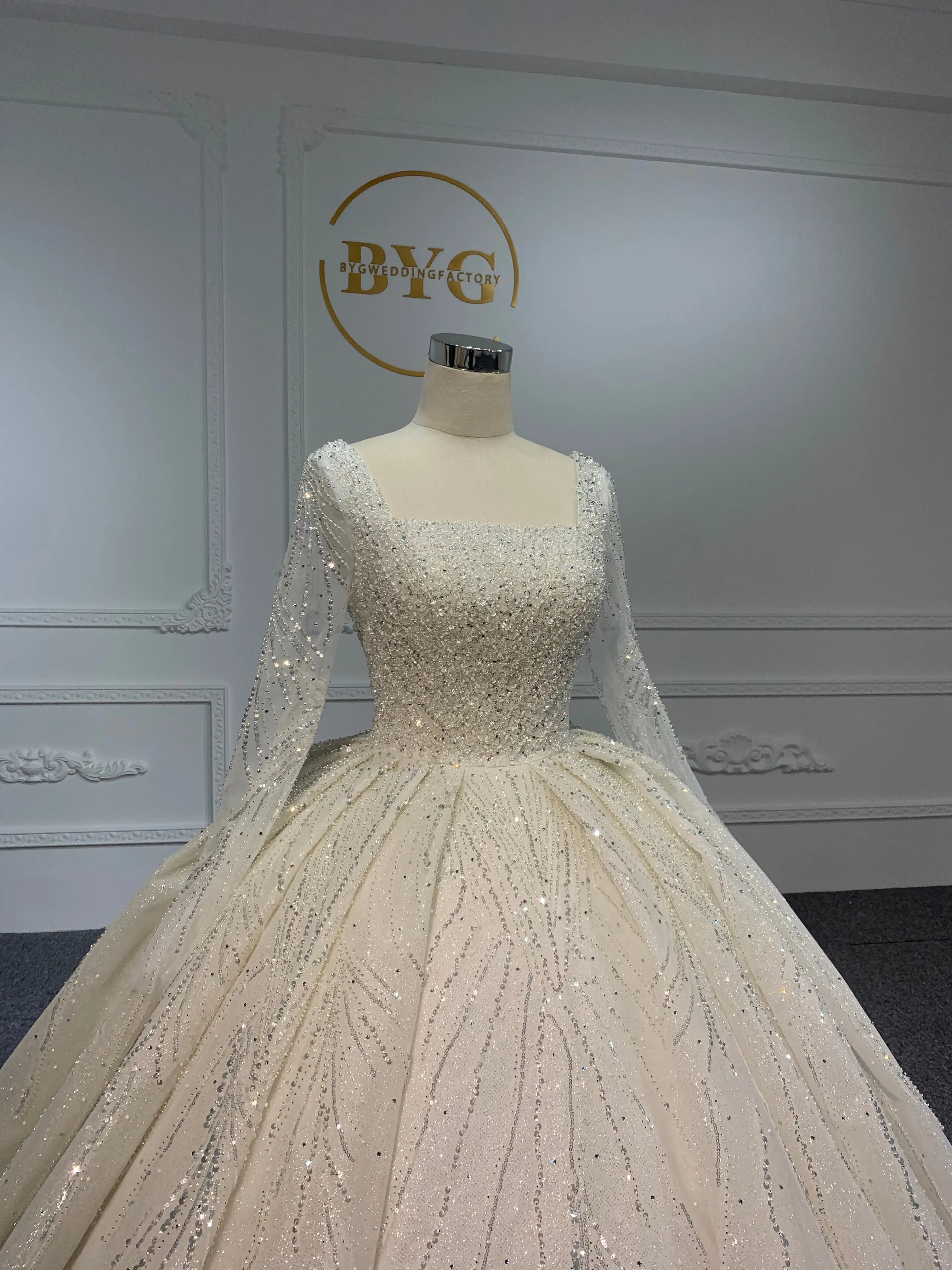 PD001- BYG SHINY BEADING LACE BALL GOWN WITH LONG SLEEVES