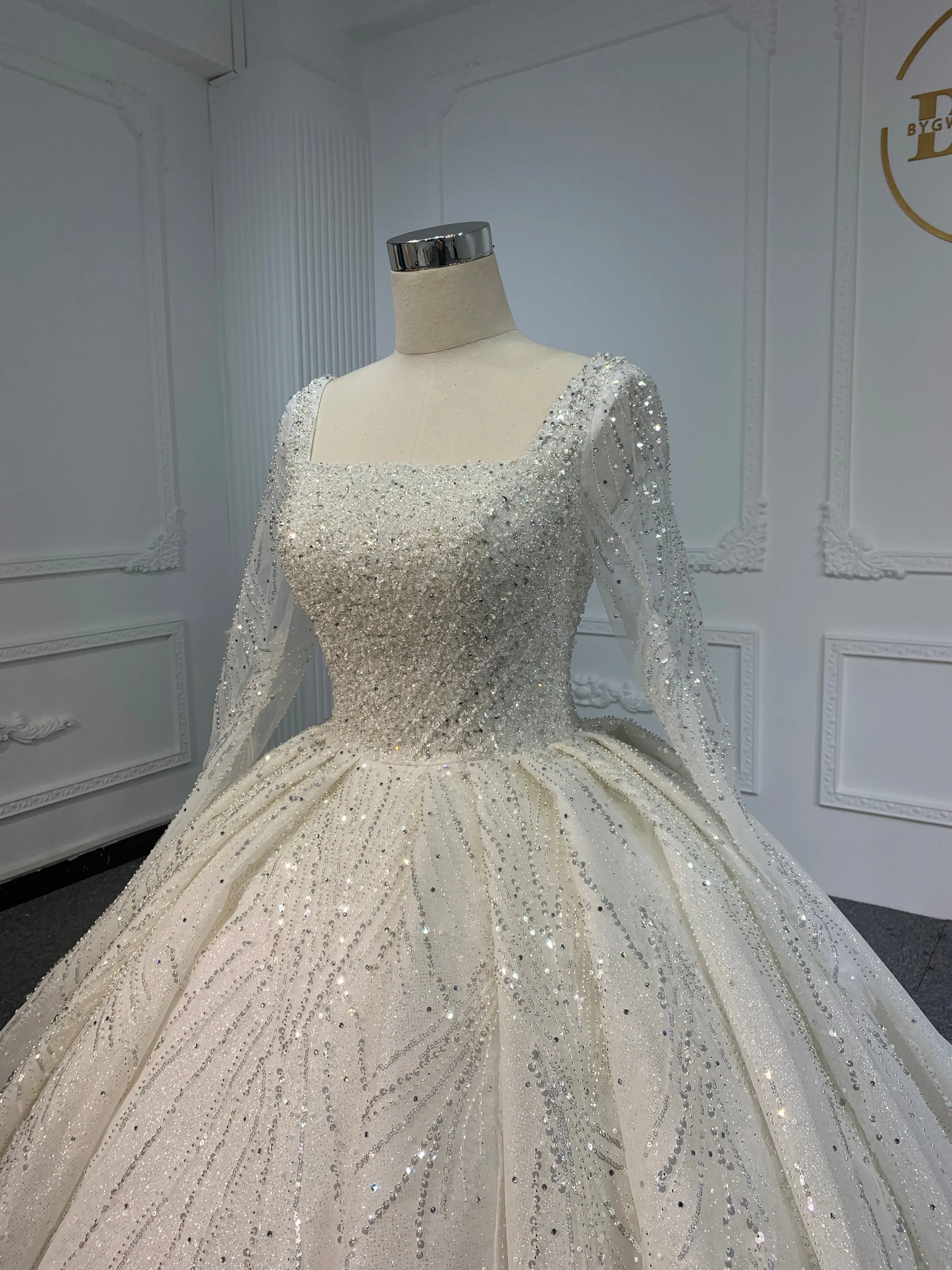 PD001- BYG SHINY BEADING LACE BALL GOWN WITH LONG SLEEVES