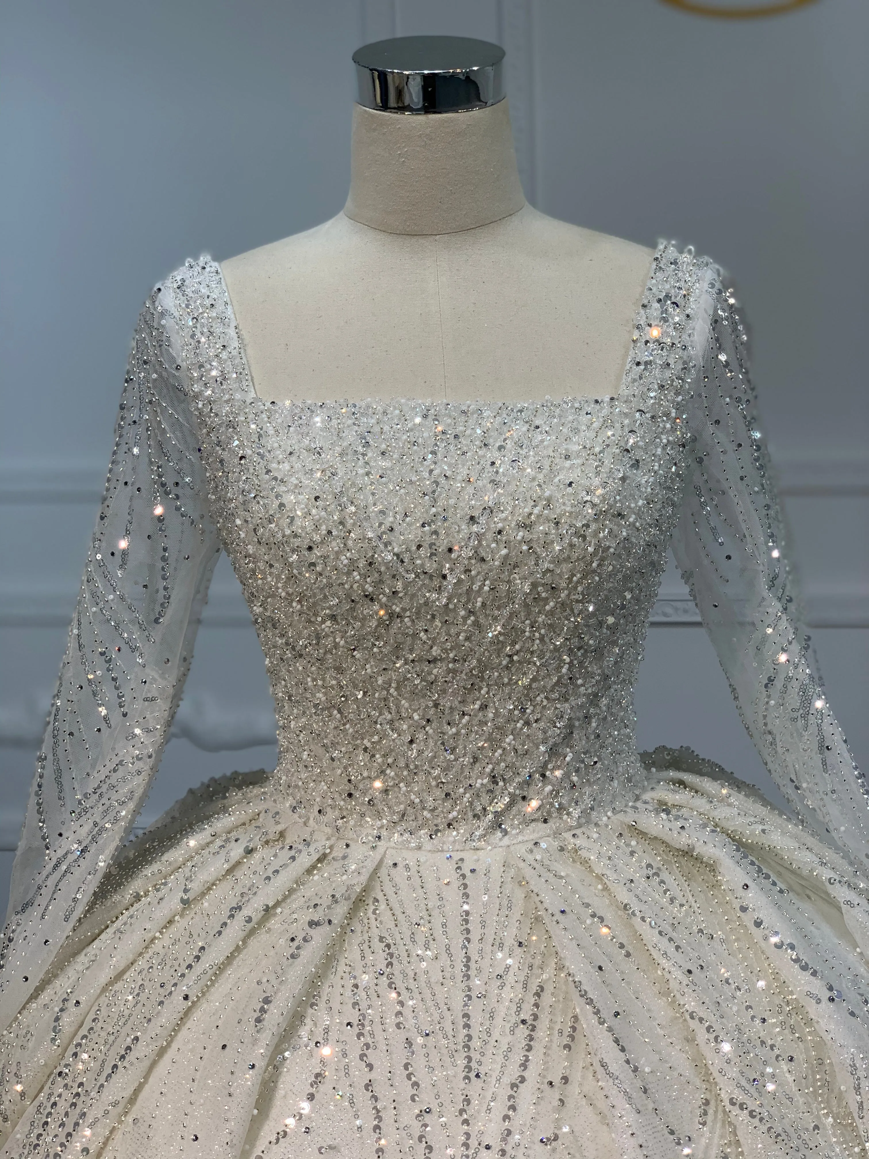 PD001- BYG SHINY BEADING LACE BALL GOWN WITH LONG SLEEVES
