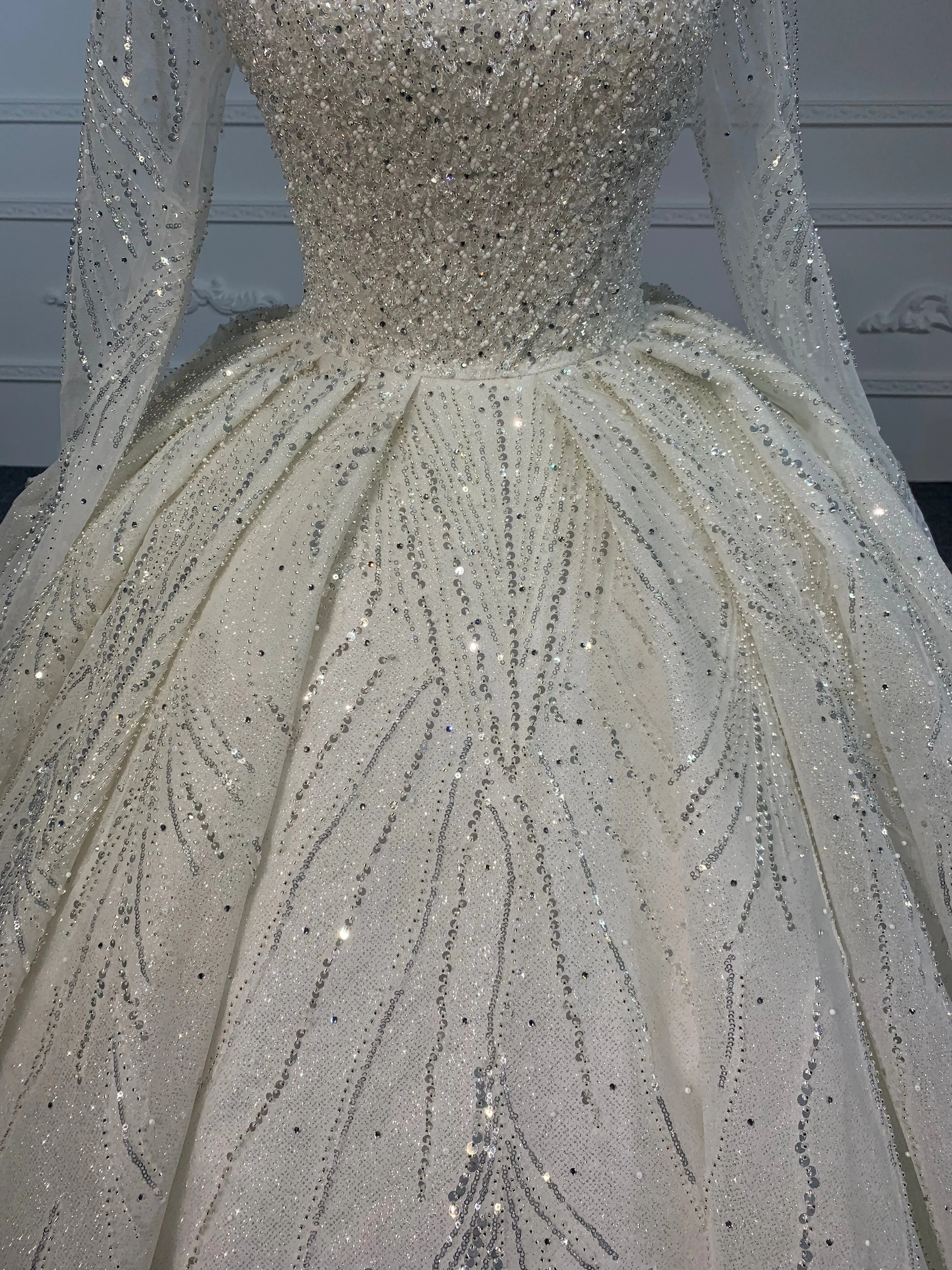 PD001- BYG SHINY BEADING LACE BALL GOWN WITH LONG SLEEVES