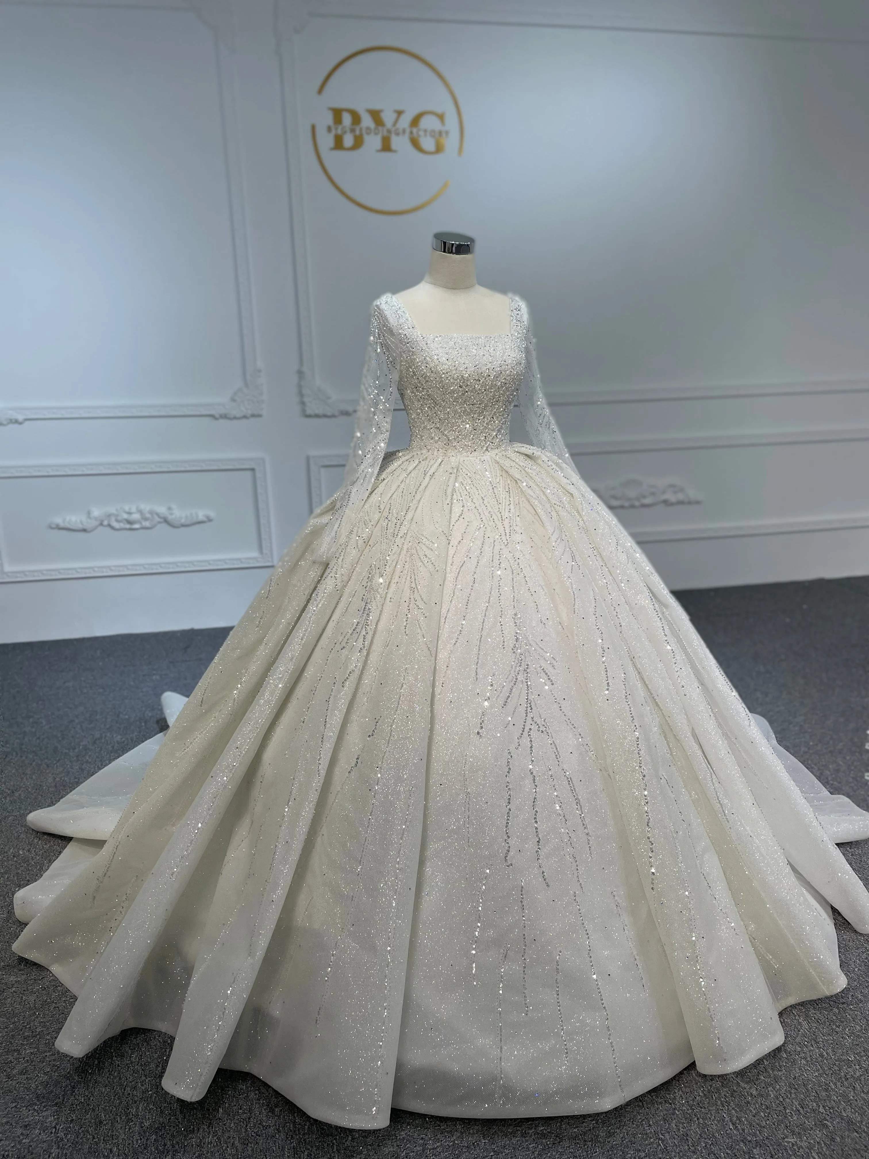 PD001- BYG SHINY BEADING LACE BALL GOWN WITH LONG SLEEVES