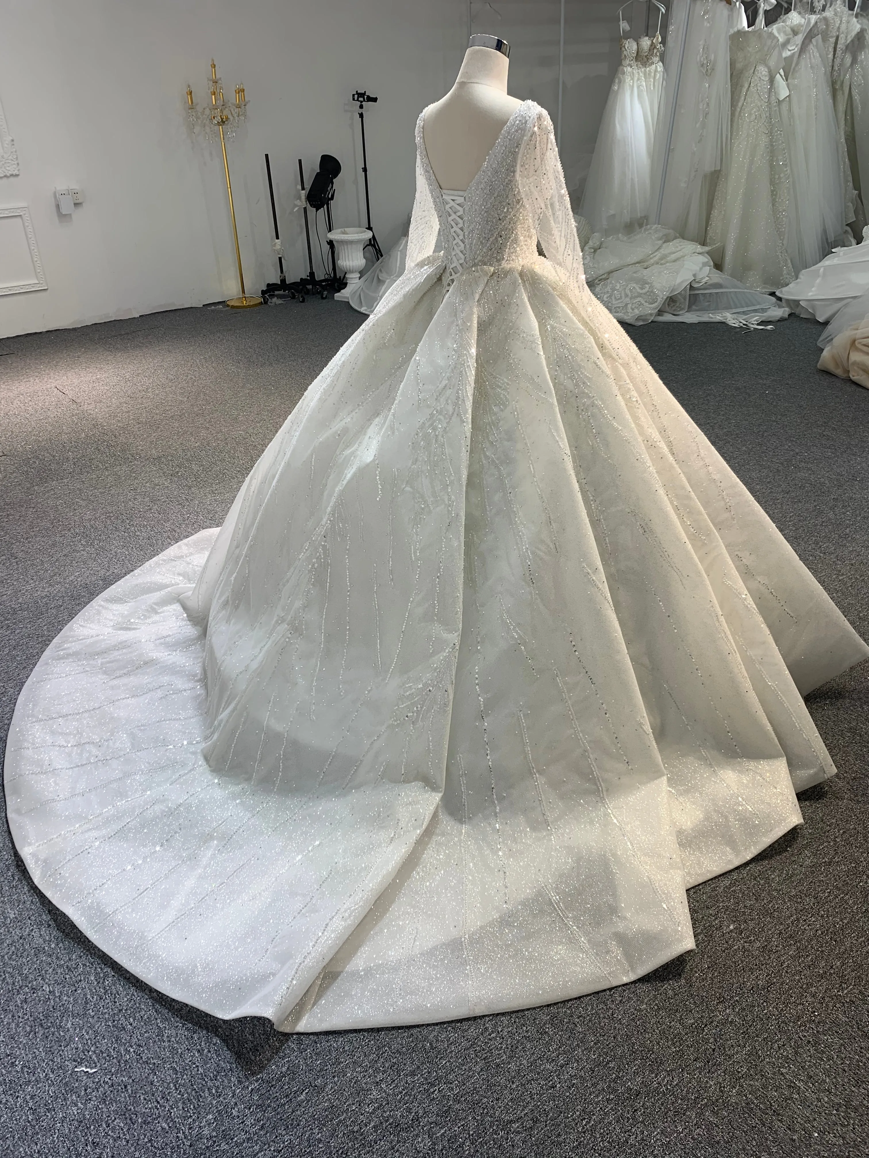 PD001- BYG SHINY BEADING LACE BALL GOWN WITH LONG SLEEVES