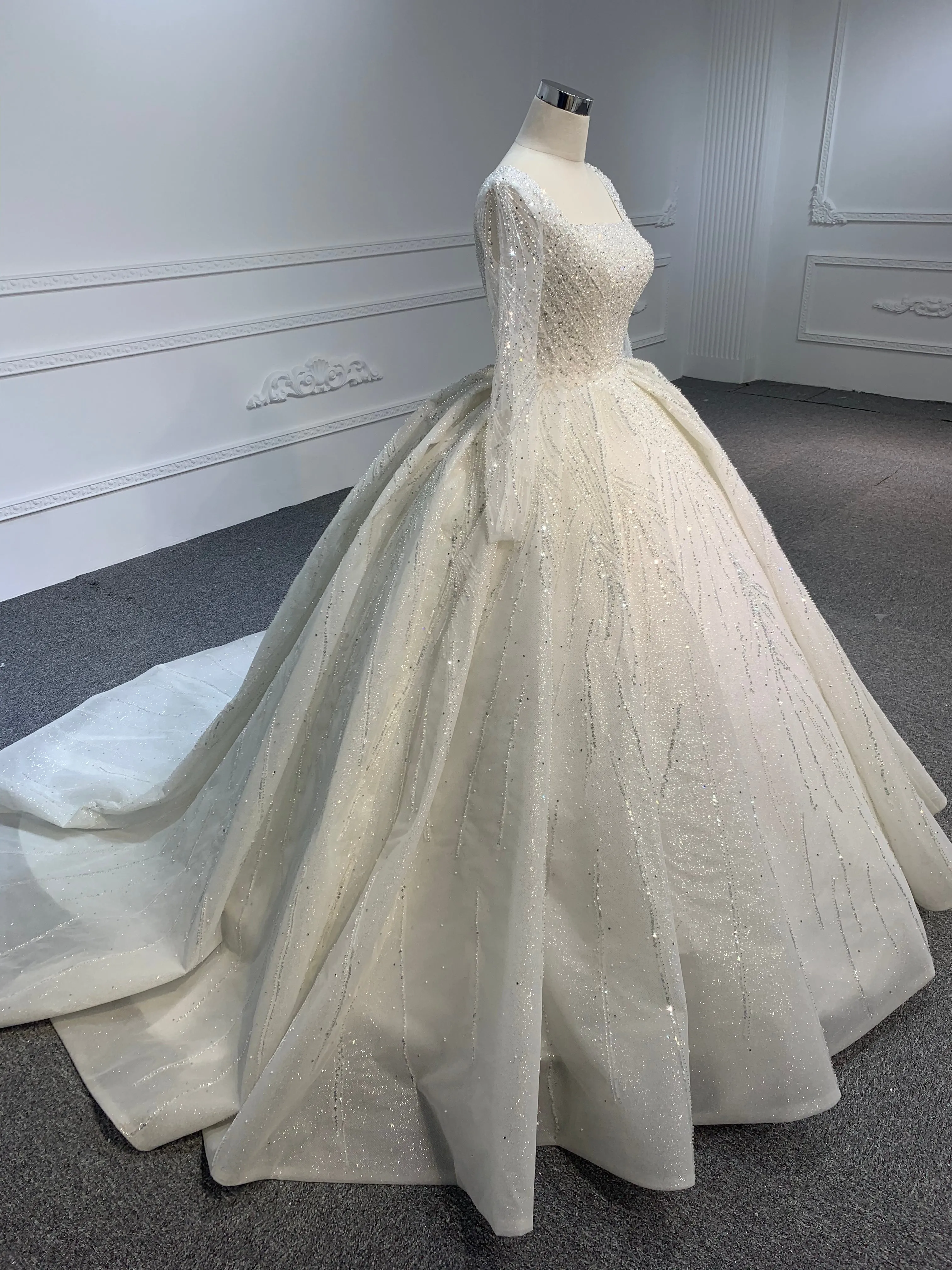 PD001- BYG SHINY BEADING LACE BALL GOWN WITH LONG SLEEVES