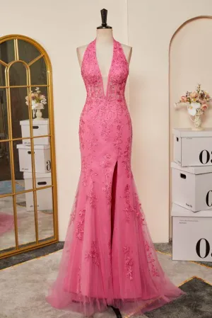 Pink Plunging Halter Appliques Mermaid Long Prom Dress with Slit