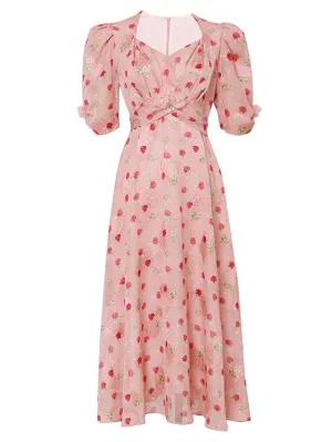 Pink Rose Floral Chiffon Vintage Style 1950S Dress