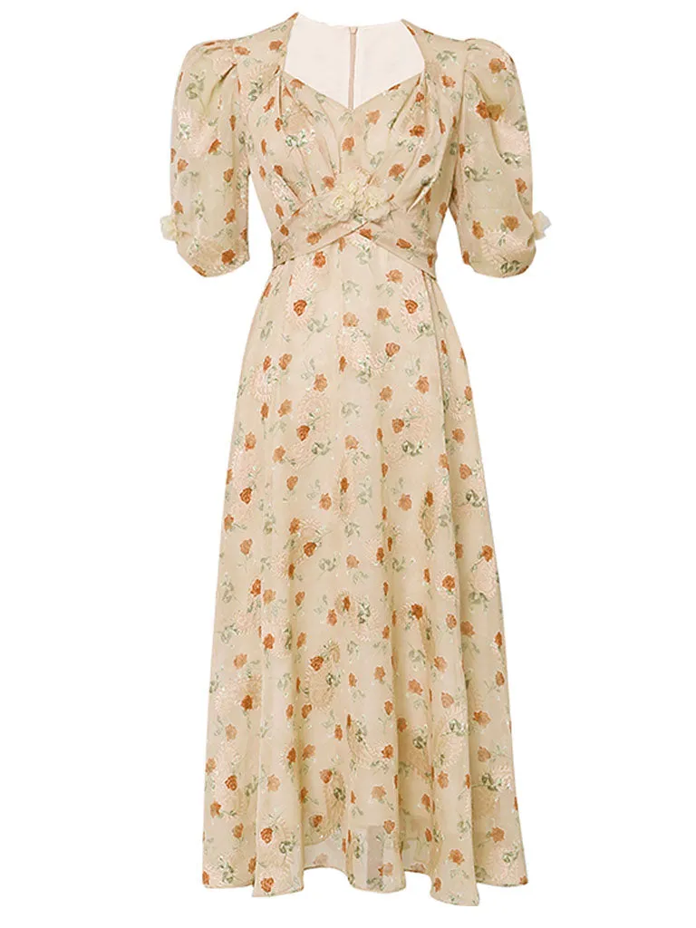 Pink Rose Floral Chiffon Vintage Style 1950S Dress