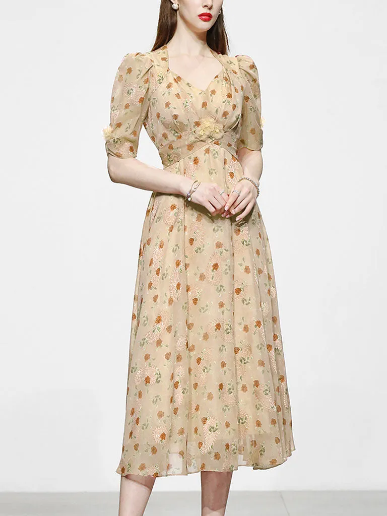 Pink Rose Floral Chiffon Vintage Style 1950S Dress