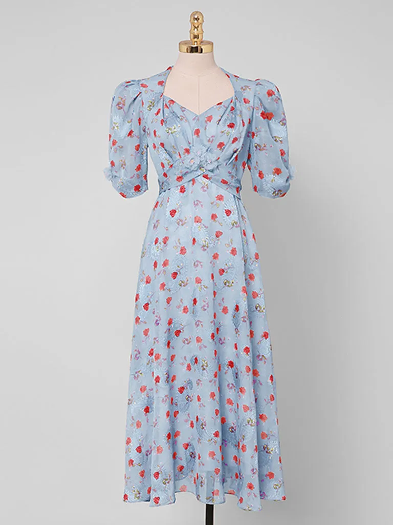 Pink Rose Floral Chiffon Vintage Style 1950S Dress