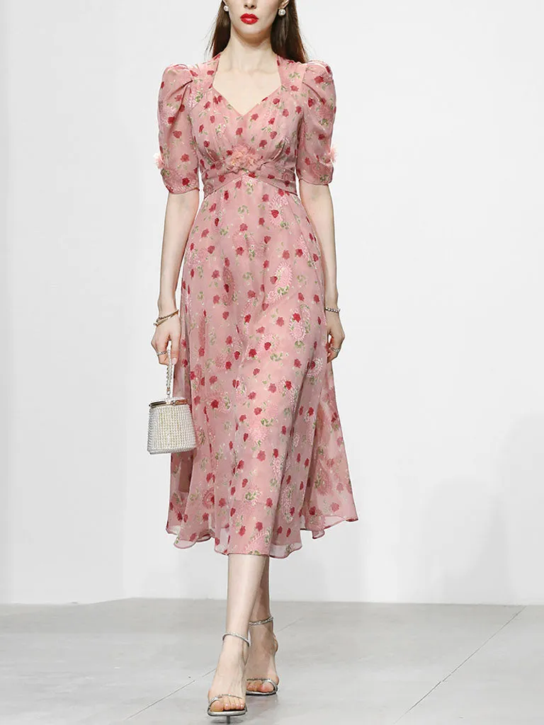 Pink Rose Floral Chiffon Vintage Style 1950S Dress