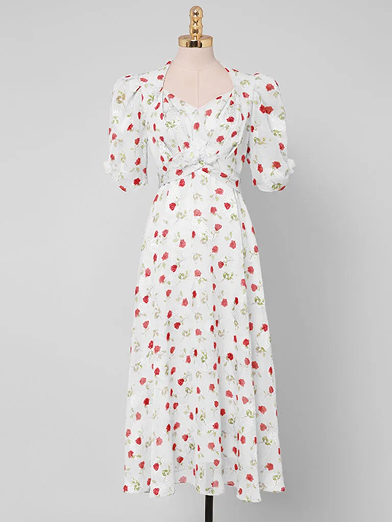 Pink Rose Floral Chiffon Vintage Style 1950S Dress