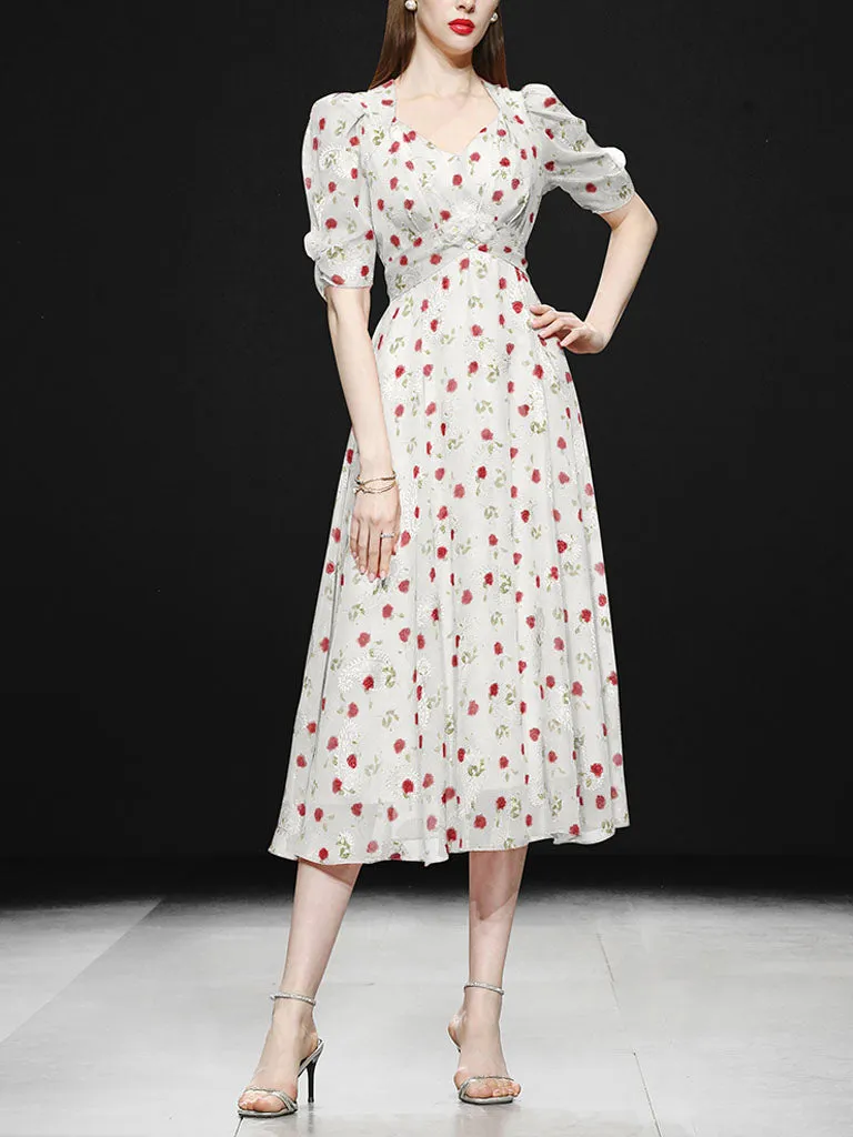 Pink Rose Floral Chiffon Vintage Style 1950S Dress