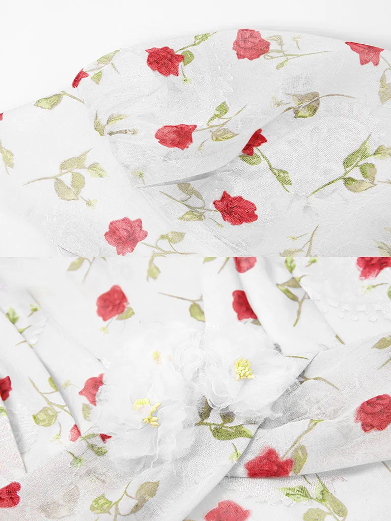 Pink Rose Floral Chiffon Vintage Style 1950S Dress