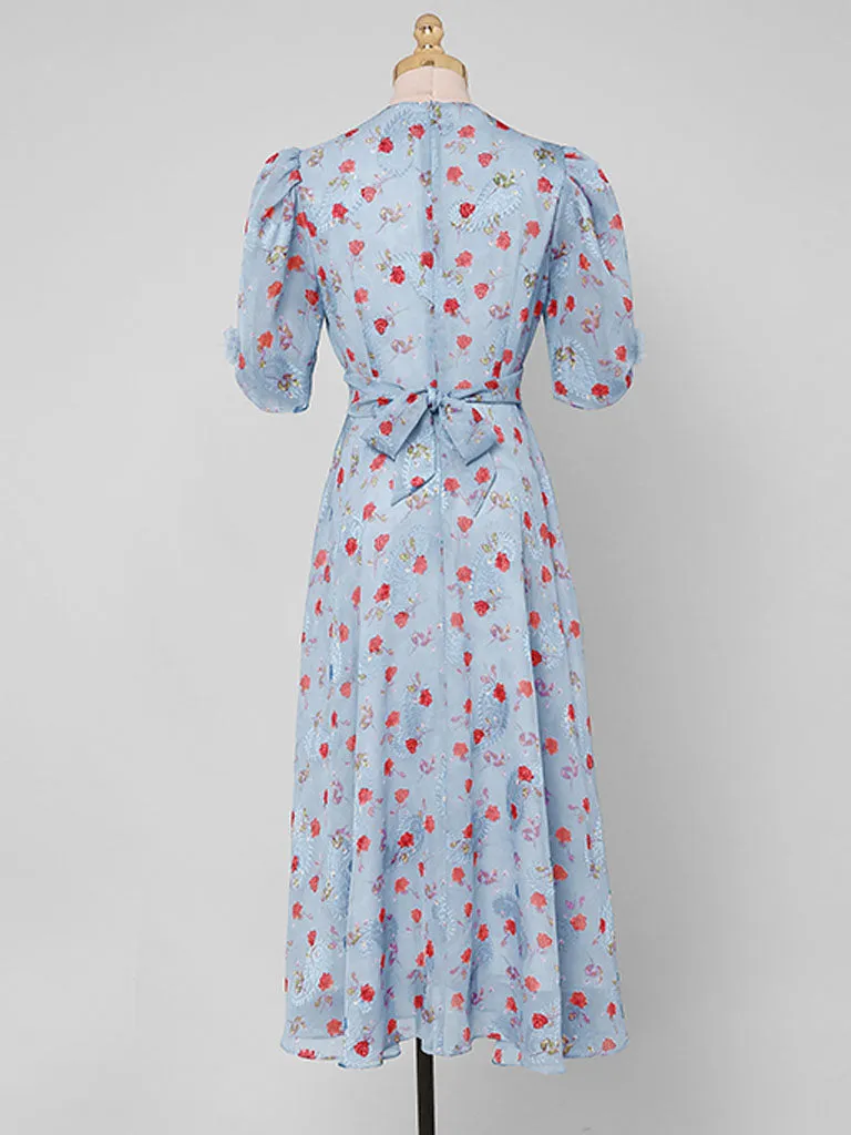 Pink Rose Floral Chiffon Vintage Style 1950S Dress