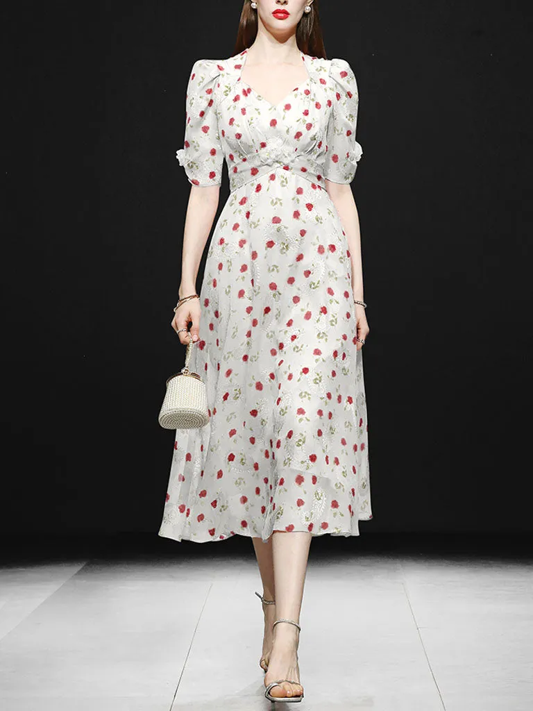 Pink Rose Floral Chiffon Vintage Style 1950S Dress