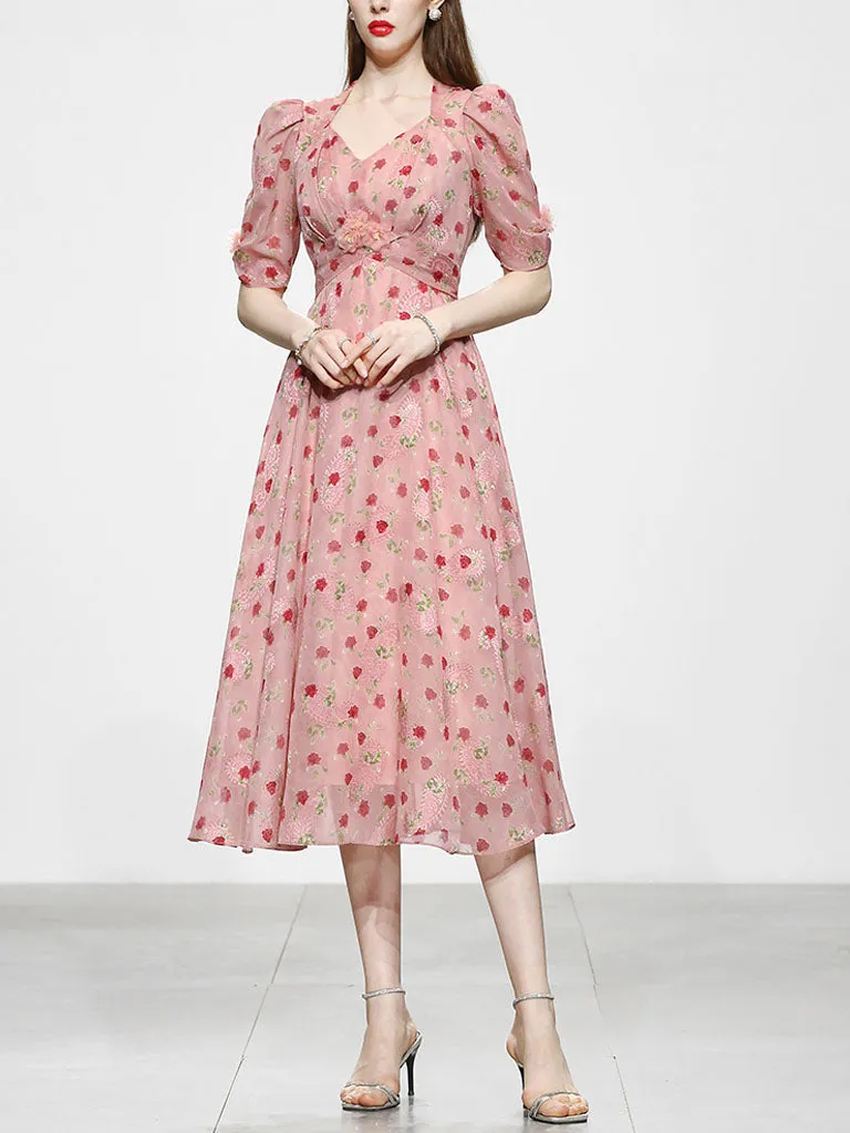 Pink Rose Floral Chiffon Vintage Style 1950S Dress