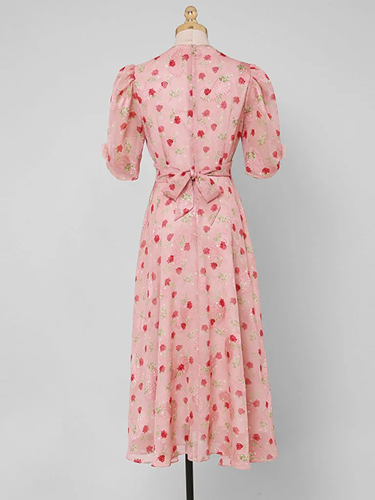 Pink Rose Floral Chiffon Vintage Style 1950S Dress