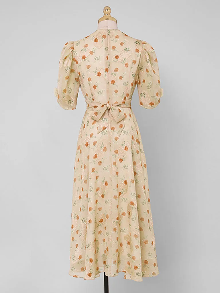 Pink Rose Floral Chiffon Vintage Style 1950S Dress