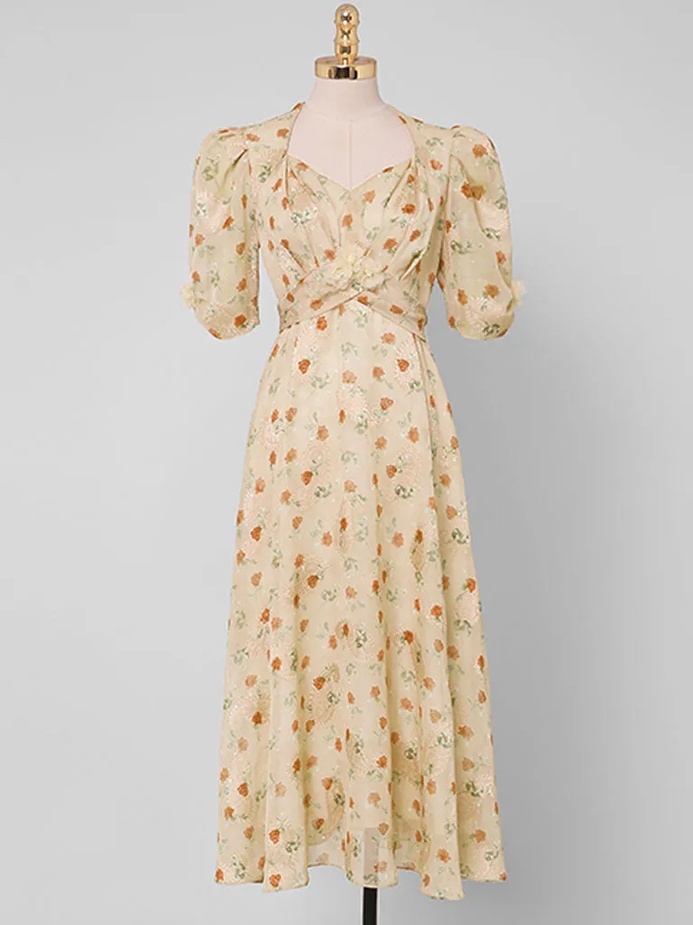 Pink Rose Floral Chiffon Vintage Style 1950S Dress