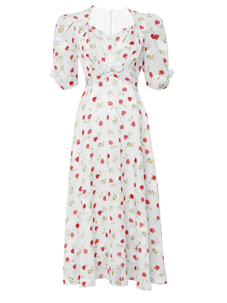 Pink Rose Floral Chiffon Vintage Style 1950S Dress