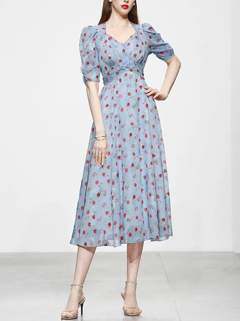 Pink Rose Floral Chiffon Vintage Style 1950S Dress