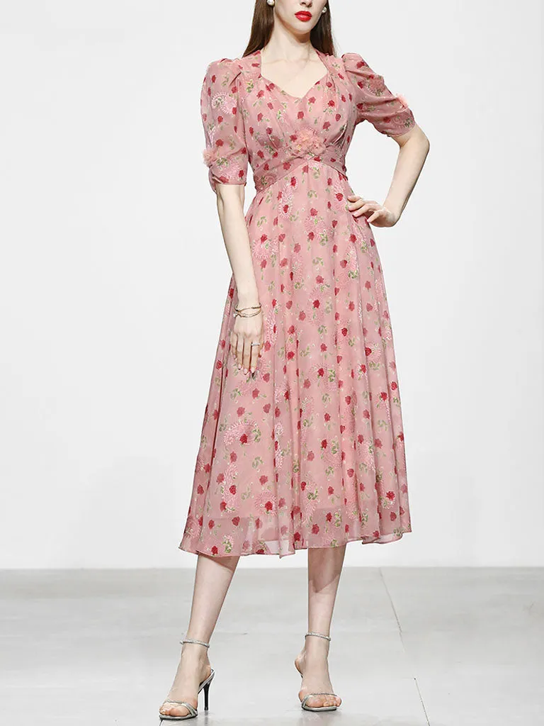 Pink Rose Floral Chiffon Vintage Style 1950S Dress