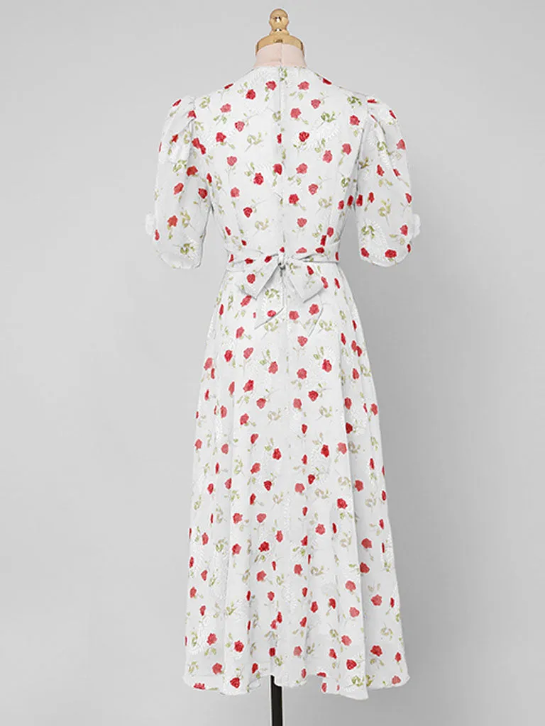 Pink Rose Floral Chiffon Vintage Style 1950S Dress