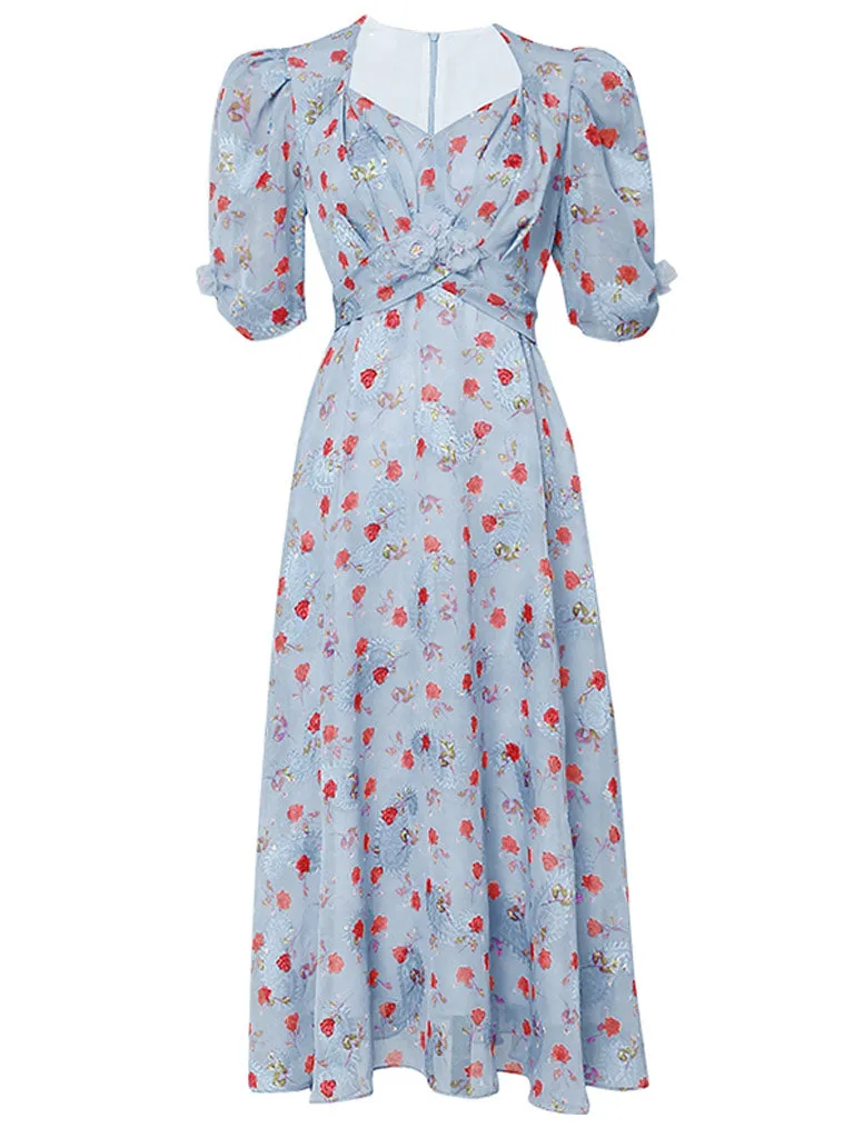 Pink Rose Floral Chiffon Vintage Style 1950S Dress