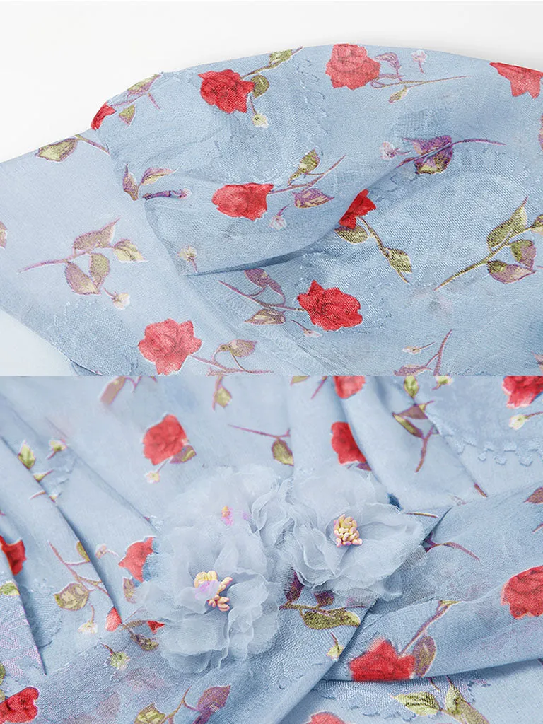 Pink Rose Floral Chiffon Vintage Style 1950S Dress