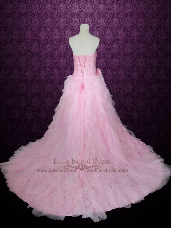 Pink Wedding Dress with Ruched Sweetheart and Cascading Ruffles | Rochelle