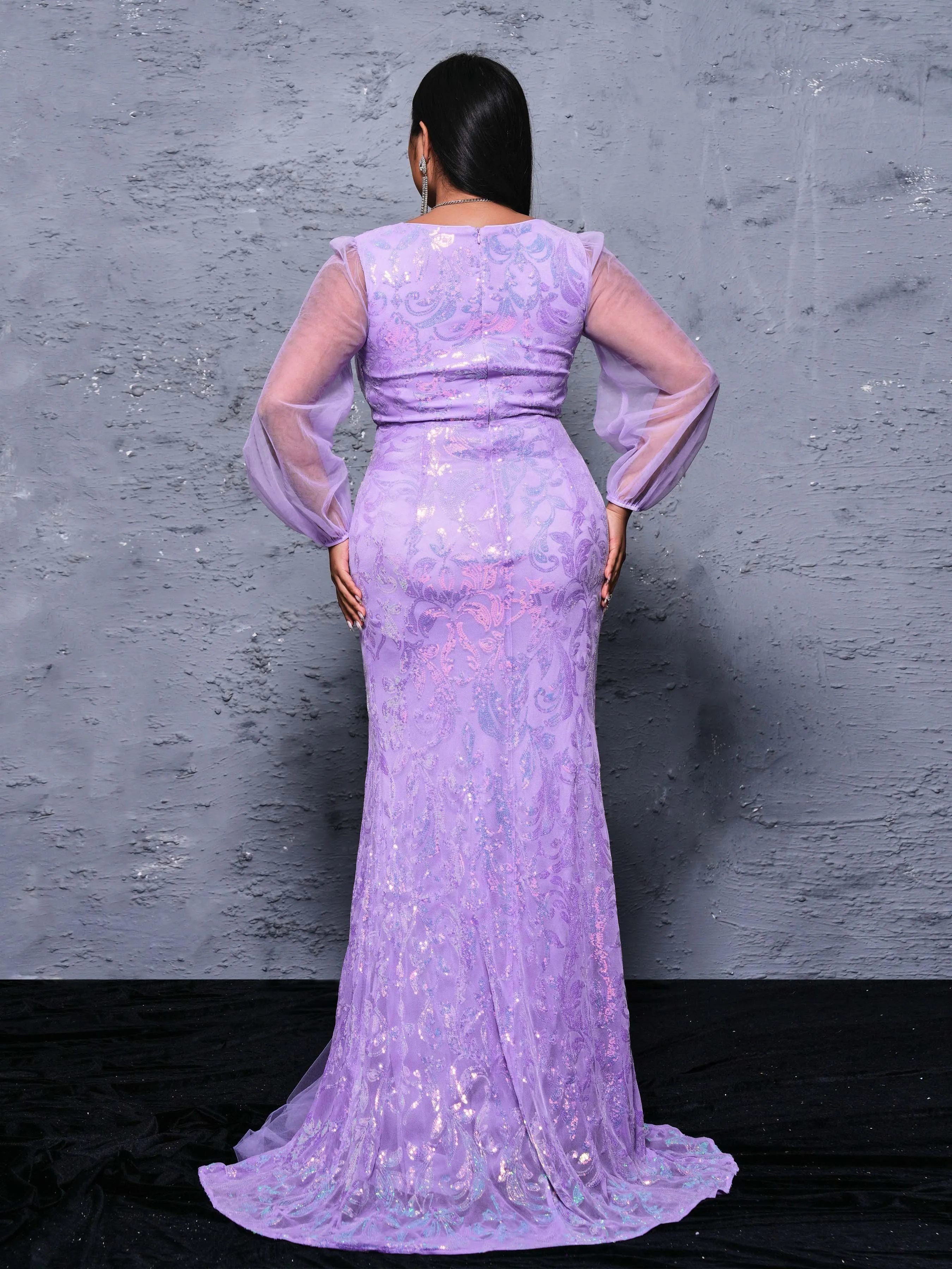 Plus Puff Sleeve Sequin Mermaid Dress PRX70128