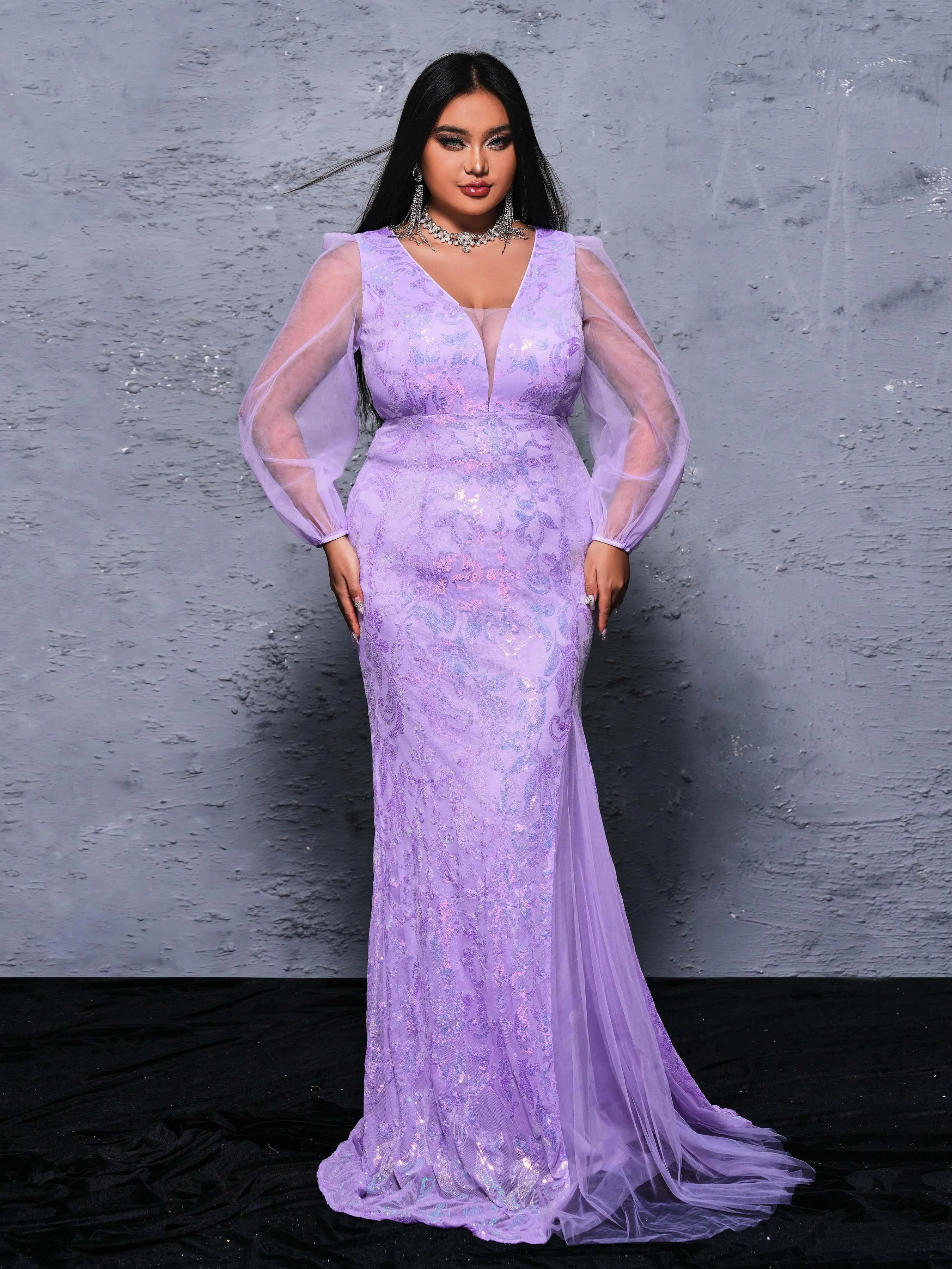 Plus Puff Sleeve Sequin Mermaid Dress PRX70128