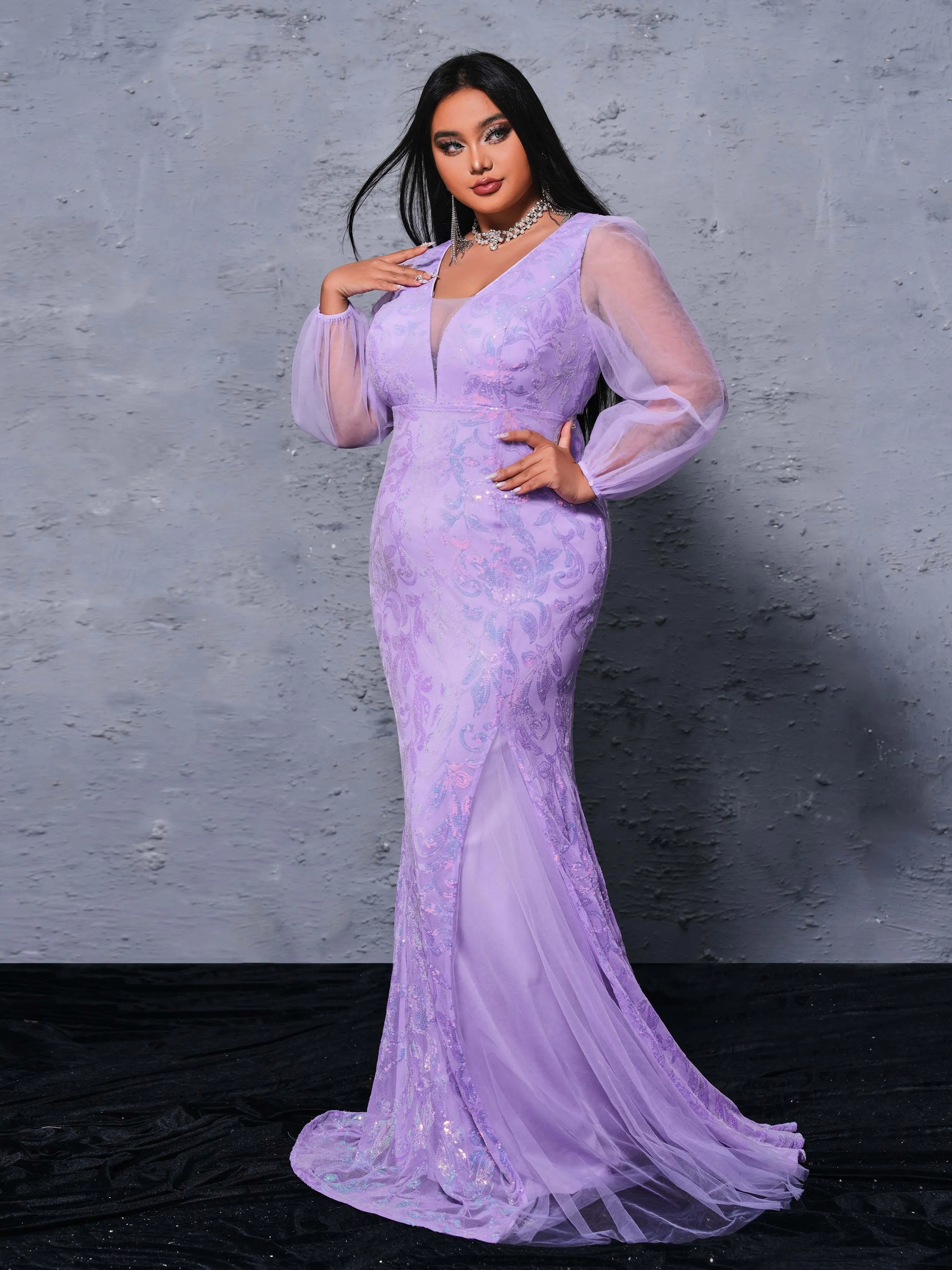 Plus Puff Sleeve Sequin Mermaid Dress PRX70128