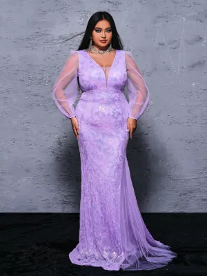 Plus Puff Sleeve Sequin Mermaid Dress PRX70128
