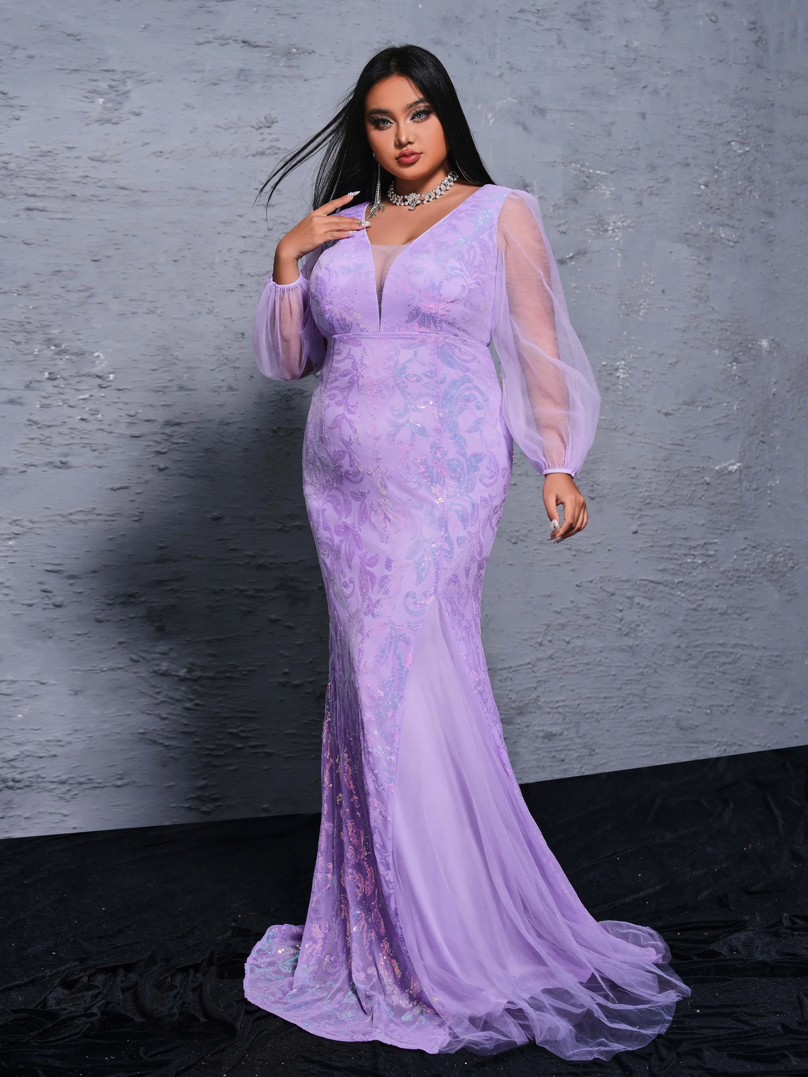 Plus Puff Sleeve Sequin Mermaid Dress PRX70128