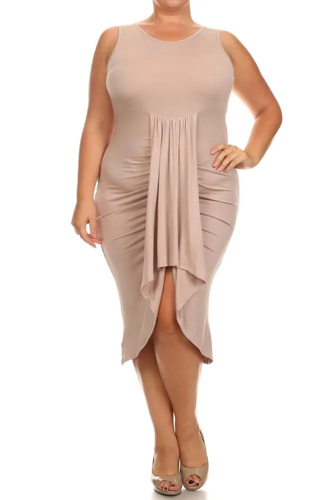 Plus Size Bella Draped Knit Tan Midi Dress