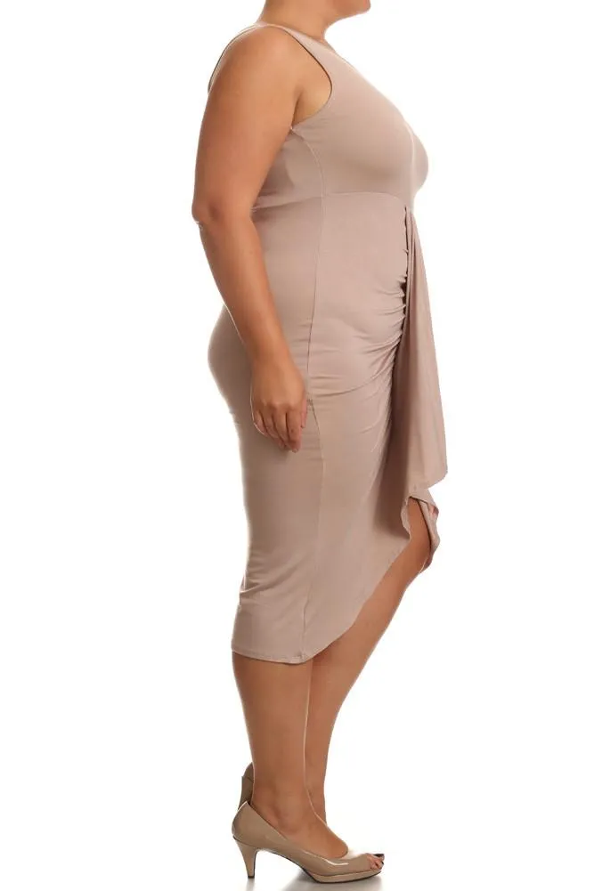 Plus Size Bella Draped Knit Tan Midi Dress