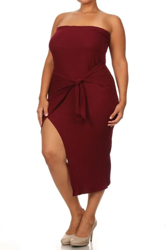 Plus Size Bow Knot Ribbed Midi Dress