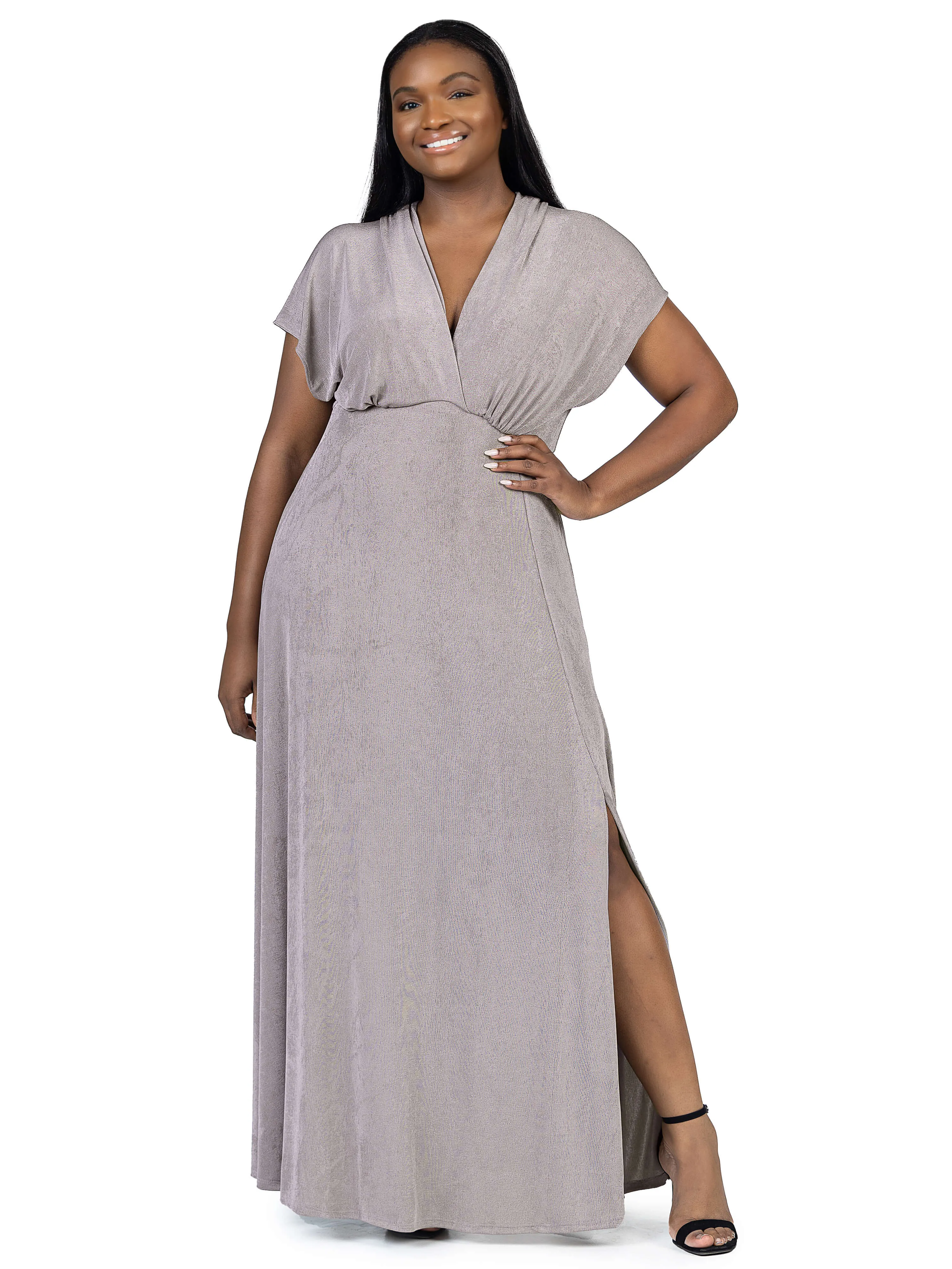 Plus Size Flutter Sleeve Metallic Knit Maxi Dress Front Slit Empire Waist