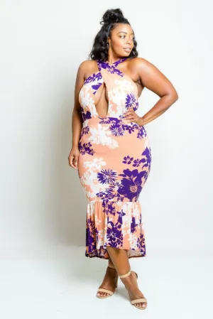 Plus Size Sexy Gorgeous Floral Showstopper Mermaid Cross Straps Dress