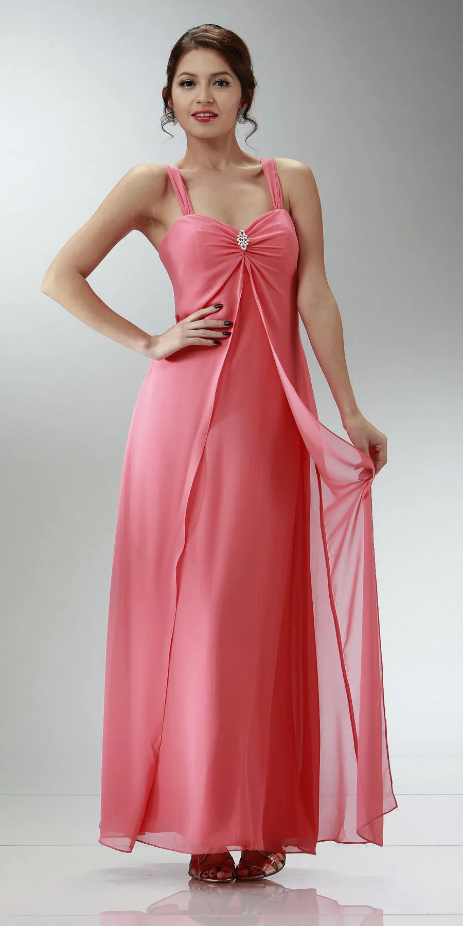 Poly USA 7000 Long Semi Formal Dress Chiffon Overlay Wide Straps