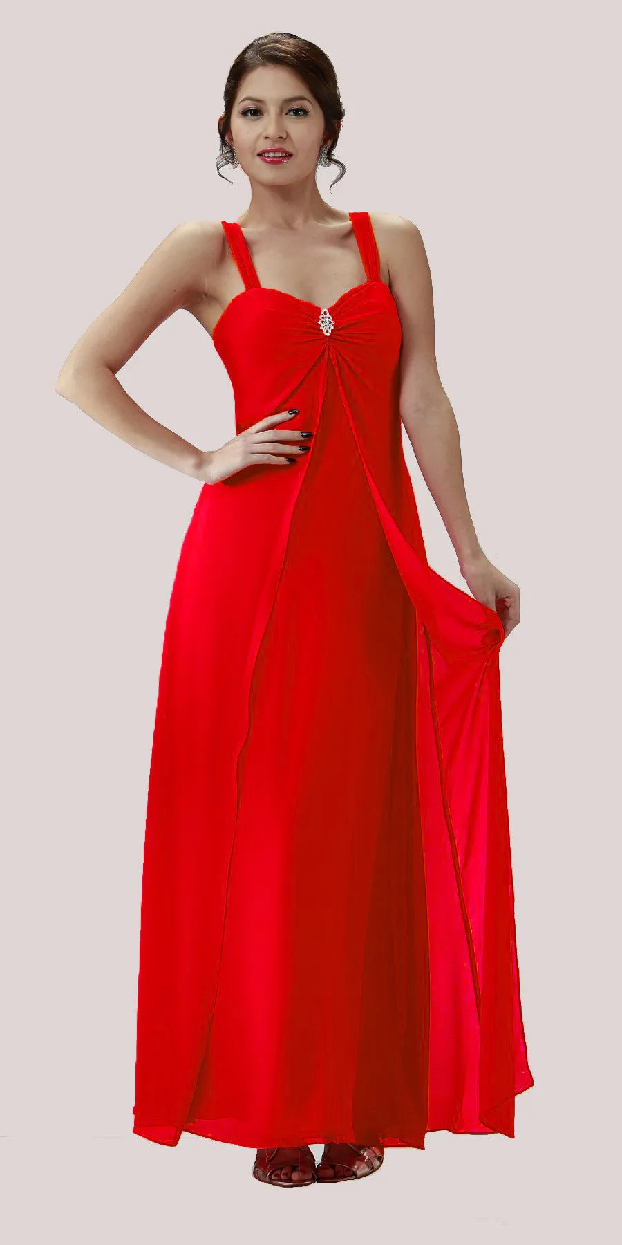 Poly USA 7000 Long Semi Formal Dress Chiffon Overlay Wide Straps