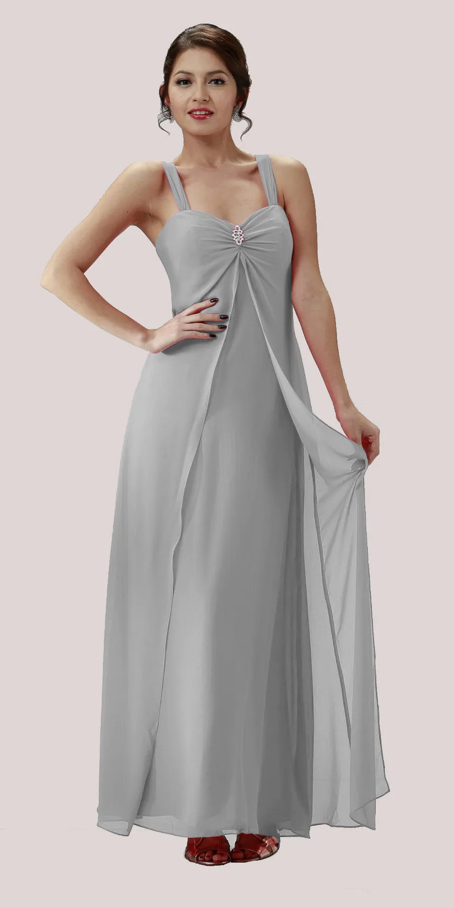 Poly USA 7000 Long Semi Formal Dress Chiffon Overlay Wide Straps