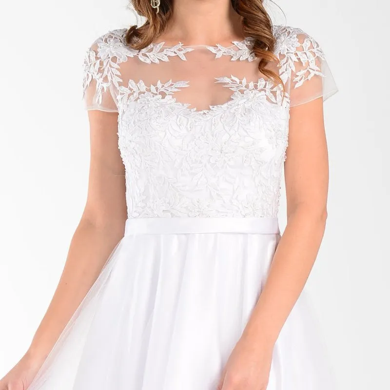 Poly USA 7482 White Wedding Gown A Line Tulle Short Sleeve