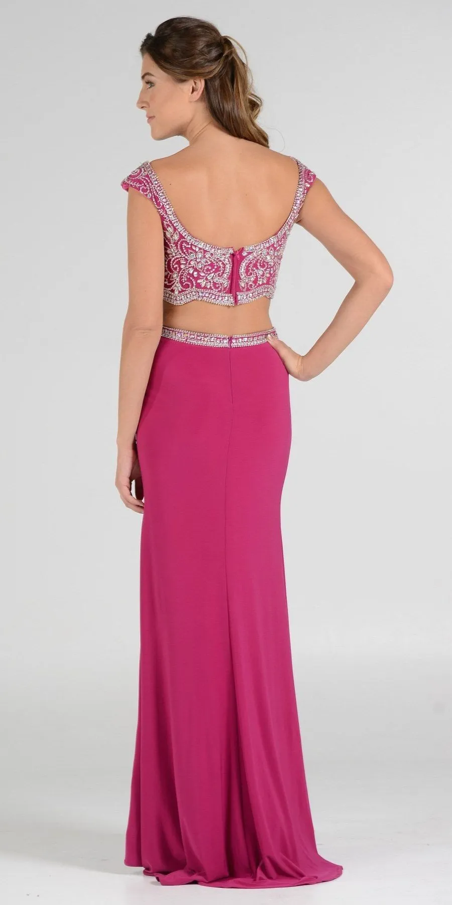 Poly USA 7840 Beaded Crop Top Two-Piece Dress Cap Sleeves