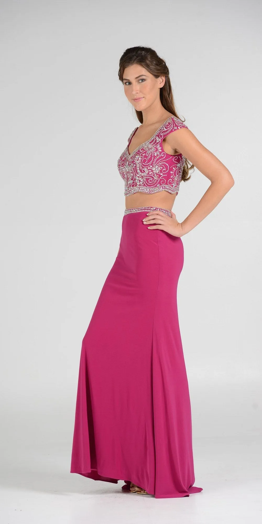 Poly USA 7840 Beaded Crop Top Two-Piece Dress Cap Sleeves