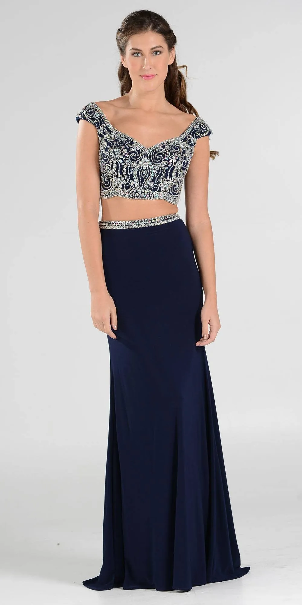 Poly USA 7840 Beaded Crop Top Two-Piece Dress Cap Sleeves