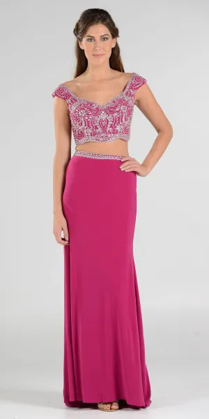 Poly USA 7840 Beaded Crop Top Two-Piece Dress Cap Sleeves