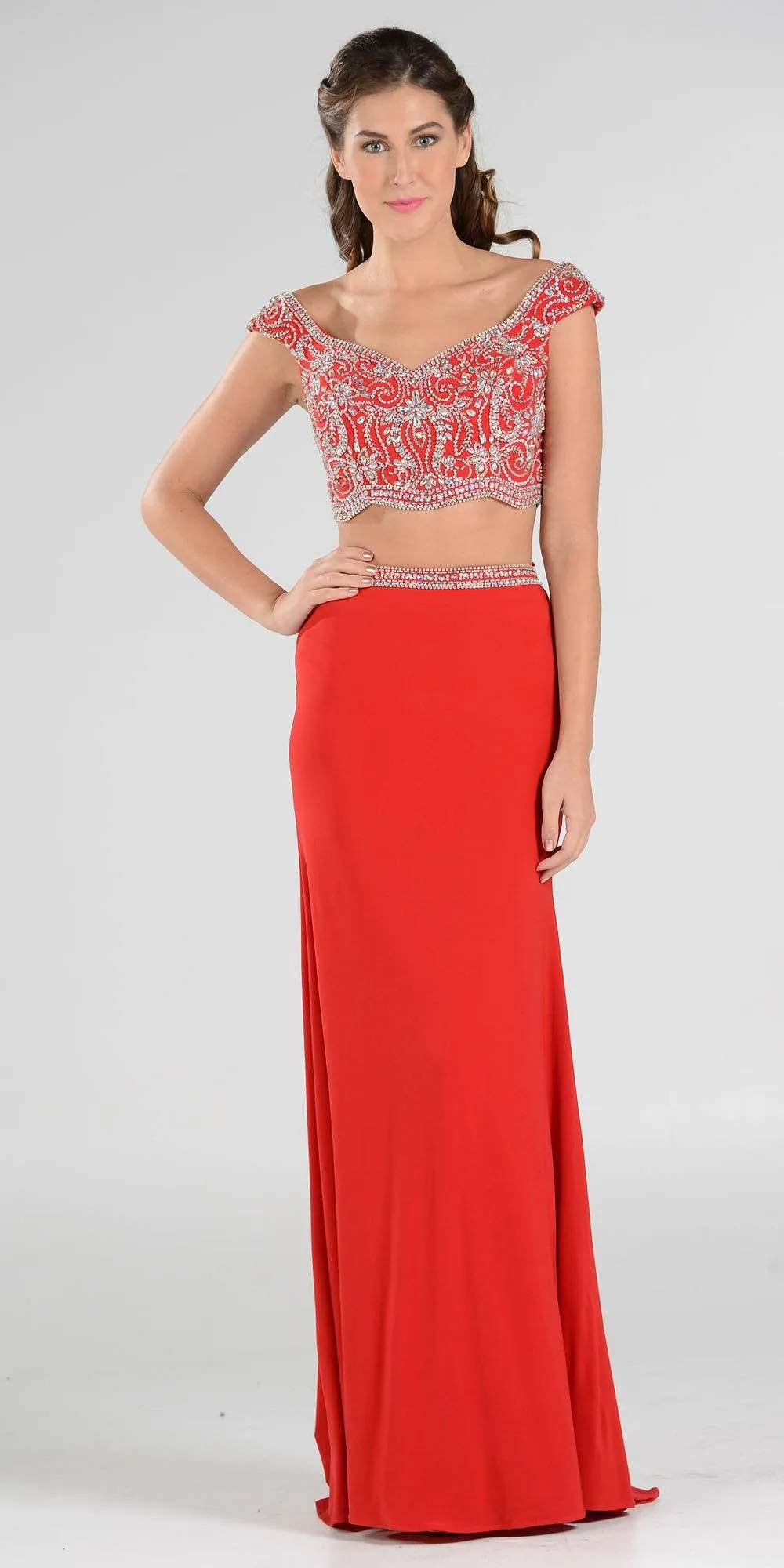 Poly USA 7840 Beaded Crop Top Two-Piece Dress Cap Sleeves