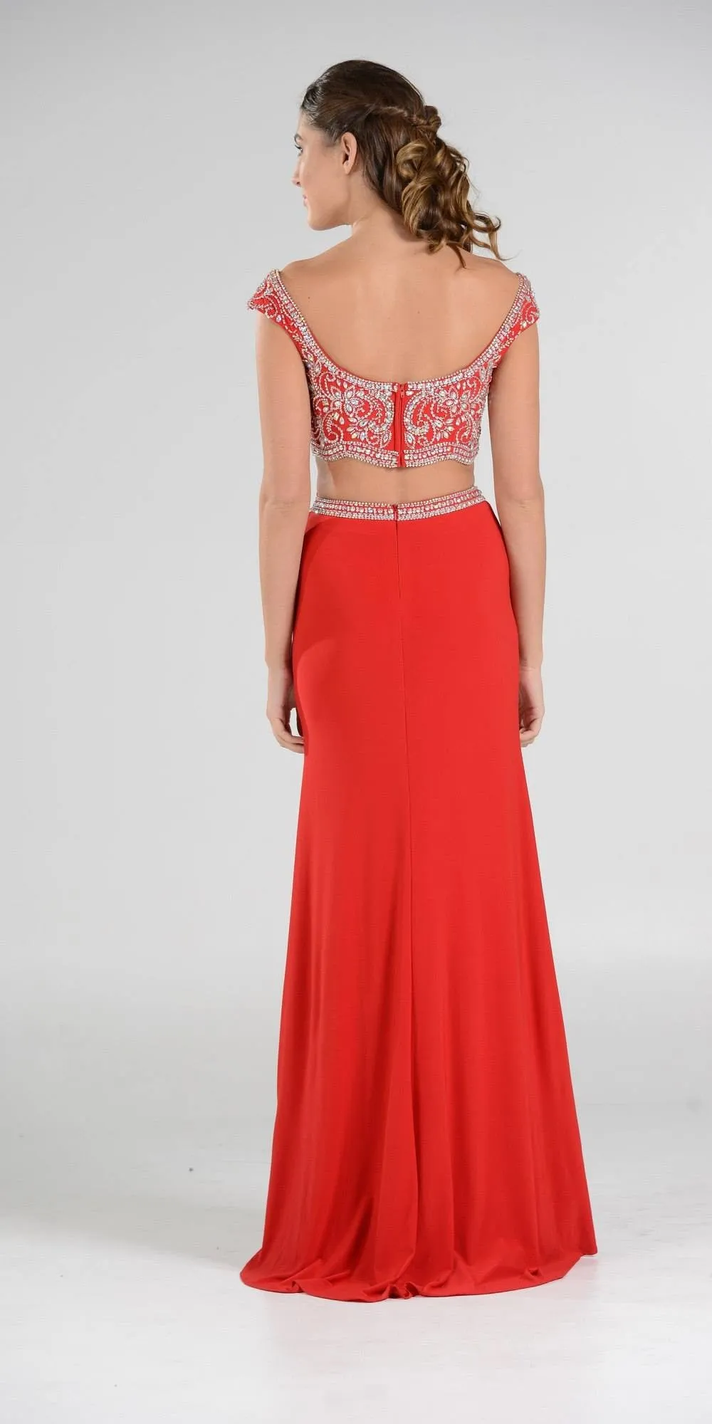 Poly USA 7840 Beaded Crop Top Two-Piece Dress Cap Sleeves