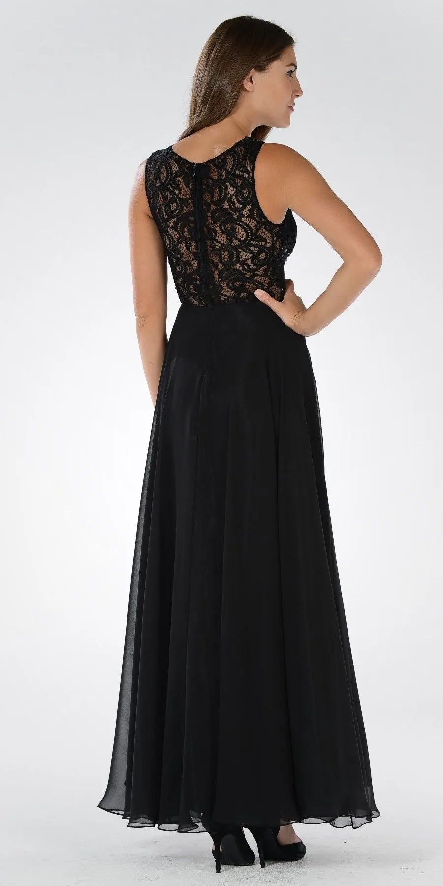 Poly USA 7868 Lace Bodice Sleeveless A-Line Dress Mesh Side Cut Outs